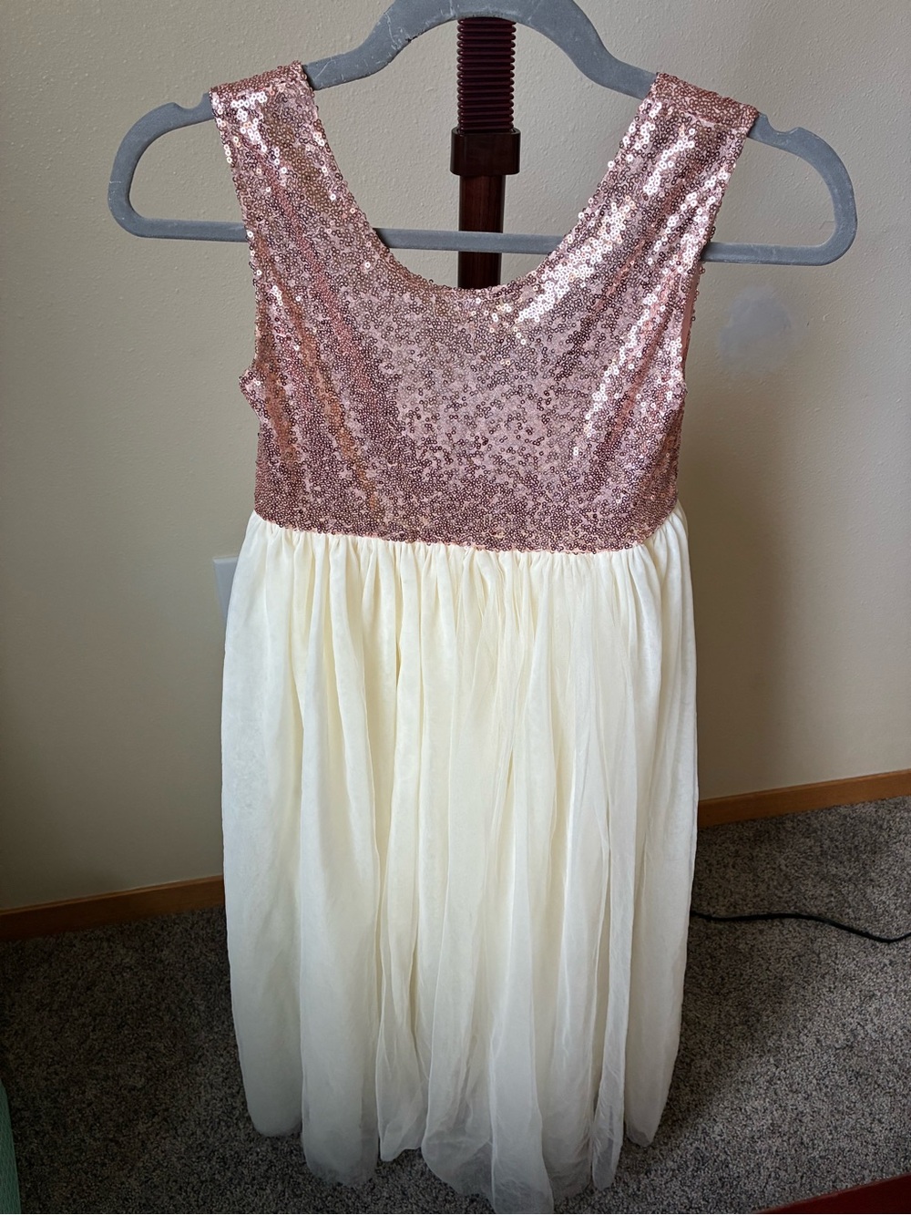 Girls Rose Gold Sequin Bodice Cream Tulle Party Dress